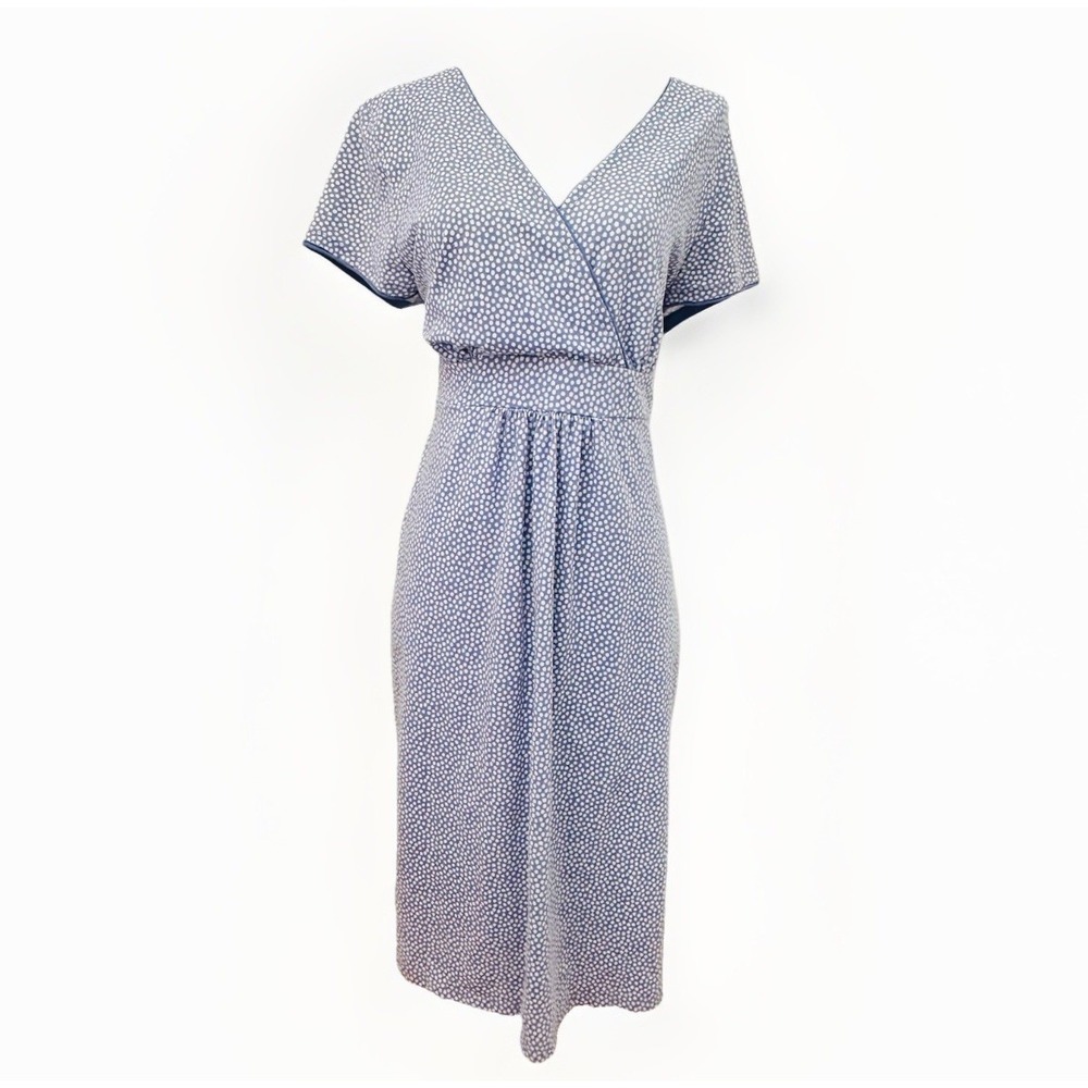 Boden Faux Wrap Dress Size 12 Lavender White Polka Dot Print Midi Stretch Cotton